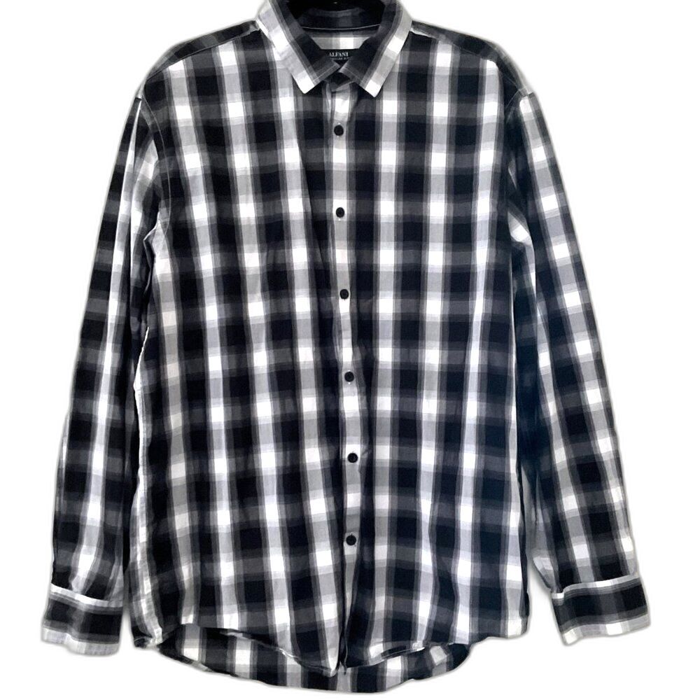 Alfani Men's Plaid Button Up Shirt Black White Size Large
